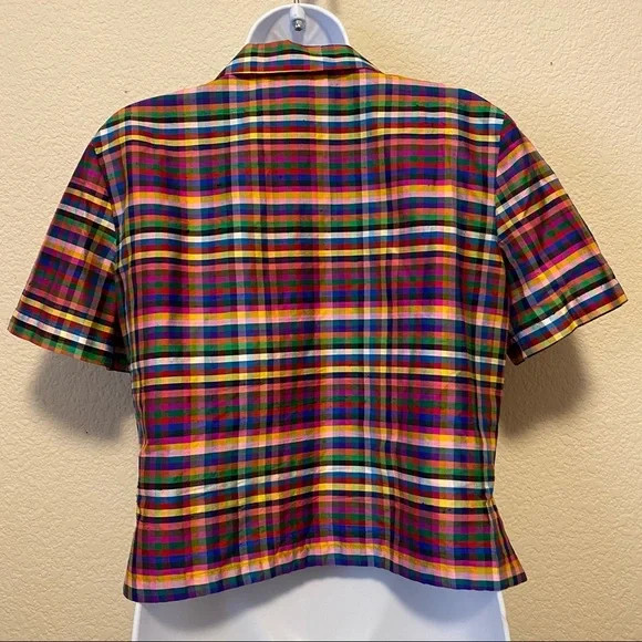 Lucia Lukken VTG Broomskirts Raw Silk Rainbow Pride Tartan Plaid Holiday Top 6 - Picture 2 of 7